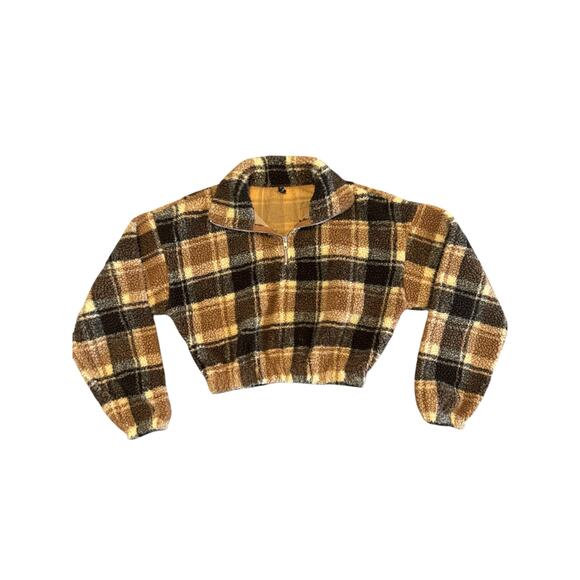 ZAFUL Plaid Teddy Zip Jacket Sherpa Fleece Brown Beige Crop Coat SZ 6 Medium - Picture 4 of 10